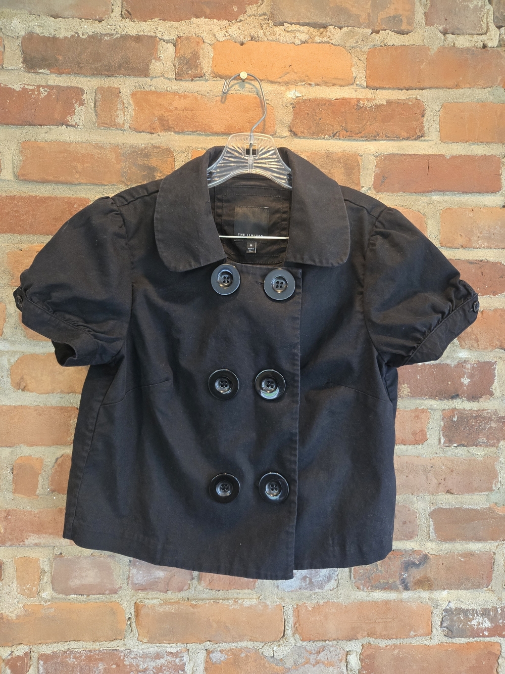 The Limited Black Short Double-Breasted Pea Coat with Puff Sleeves